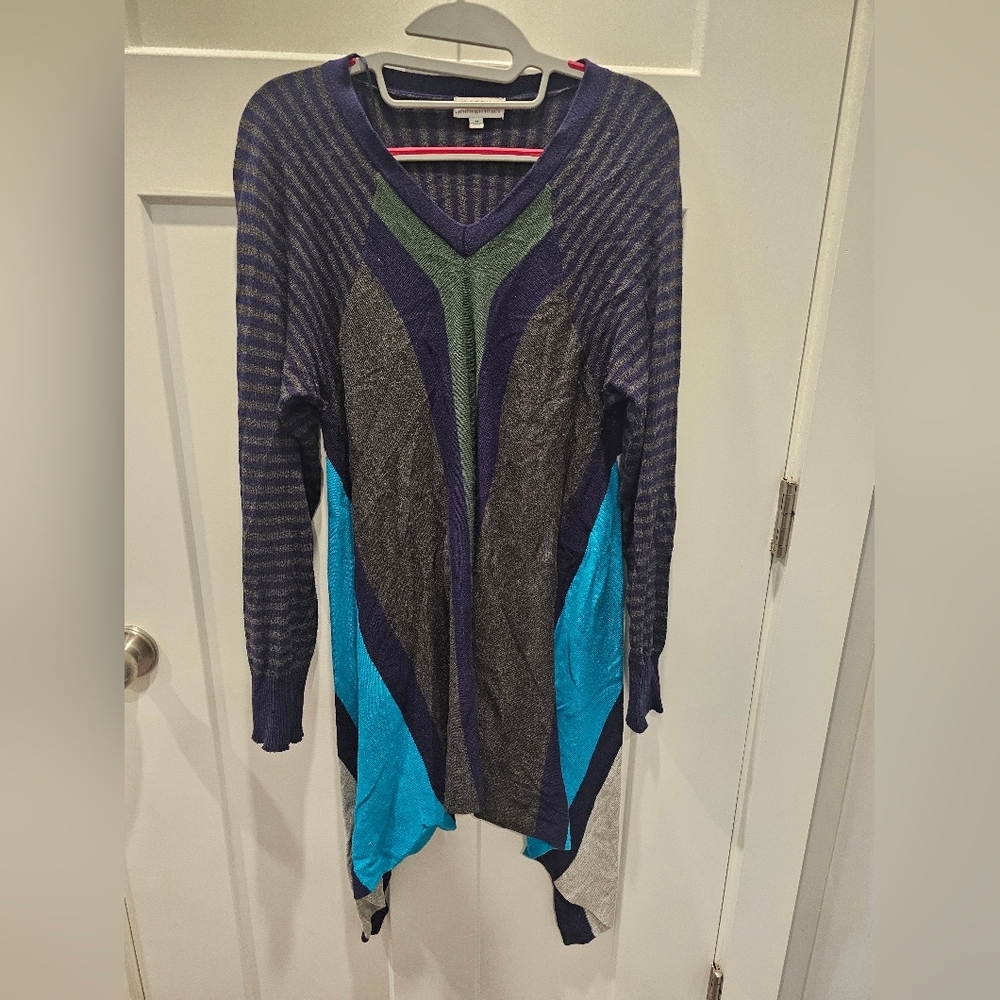 Joseph A Colorblock Stripe Knit Tunic Sweater Medium Multicolor Asymmetrical Hem